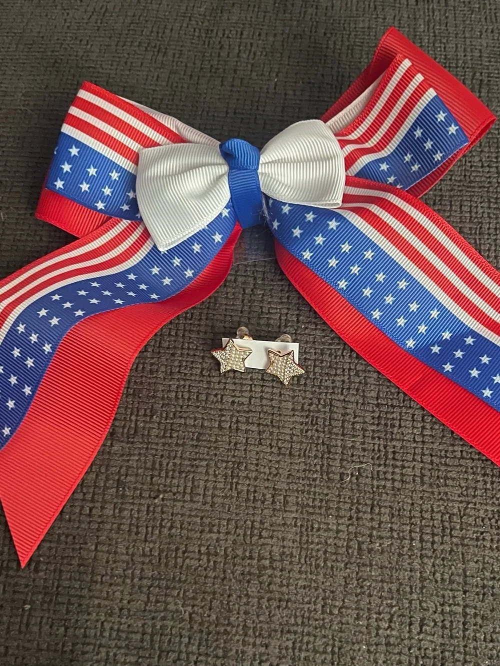 Patriotic Star Ribbon Hair Bow with Rhinestone Star Studs